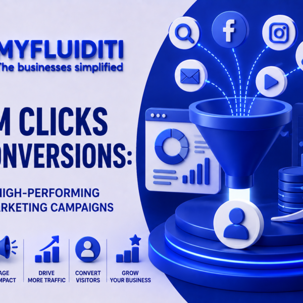 A 3D marketing graphic for MYFLUIDITI titled "FROM CLICKS TO CONVERSIONS: BUILDING HIGH-PERFORMING DIGITAL MARKETING CAMPAIGNS." The image displays a large blue marketing funnel on a circular pedestal, filtering various floating channel icons—including search, social media, email, and video—down into a centralized user profile node, flanked by a data analytics dashboard, a rising growth bar chart, and stacked database cylinders.