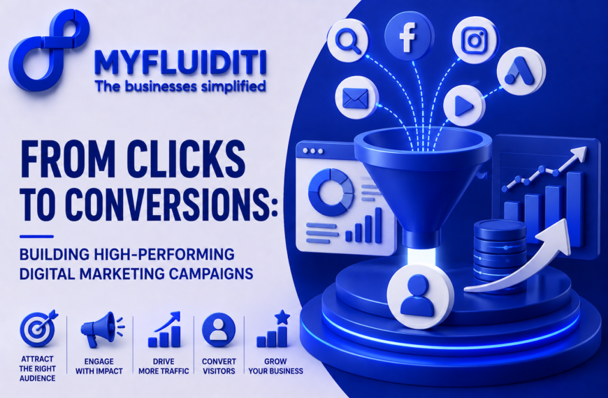 A 3D marketing graphic for MYFLUIDITI titled "FROM CLICKS TO CONVERSIONS: BUILDING HIGH-PERFORMING DIGITAL MARKETING CAMPAIGNS." The image displays a large blue marketing funnel on a circular pedestal, filtering various floating channel icons—including search, social media, email, and video—down into a centralized user profile node, flanked by a data analytics dashboard, a rising growth bar chart, and stacked database cylinders.