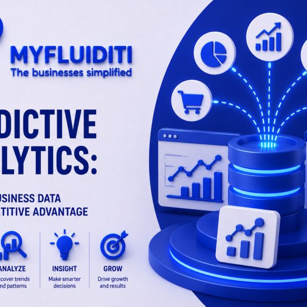 A 3D marketing graphic for MYFLUIDITI titled "PREDICTIVE ANALYTICS: TURNING BUSINESS DATA INTO COMPETITIVE ADVANTAGE." The image displays a centralized stack of blue database cylinders on a circular pedestal, projecting five floating data stream icons—including a shopping cart, pie chart, growth graph, user profile, and dollar sign—flanked by analytical dashboard windows and a standalone line graph tile.