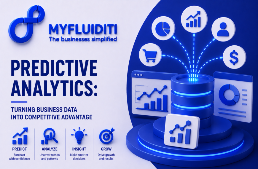 A 3D marketing graphic for MYFLUIDITI titled "PREDICTIVE ANALYTICS: TURNING BUSINESS DATA INTO COMPETITIVE ADVANTAGE." The image displays a centralized stack of blue database cylinders on a circular pedestal, projecting five floating data stream icons—including a shopping cart, pie chart, growth graph, user profile, and dollar sign—flanked by analytical dashboard windows and a standalone line graph tile.