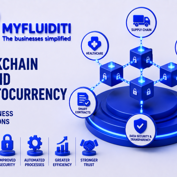A 3D marketing graphic for MYFLUIDITI titled "BLOCKCHAIN BEYOND CRYPTOCULTURE: REAL BUSINESS APPLICATIONS." The image displays a decentralized network of padlocked blue cubes arranged on a circular pedestal, linked via chain links to six surrounding operational modules—including healthcare, supply chain, finance, digital identity, data security & transparency, and smart contracts.