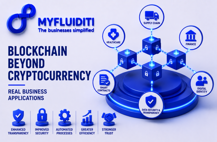 A 3D marketing graphic for MYFLUIDITI titled "BLOCKCHAIN BEYOND CRYPTOCULTURE: REAL BUSINESS APPLICATIONS." The image displays a decentralized network of padlocked blue cubes arranged on a circular pedestal, linked via chain links to six surrounding operational modules—including healthcare, supply chain, finance, digital identity, data security & transparency, and smart contracts.