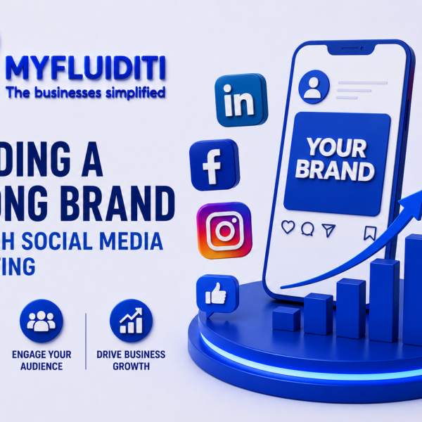A 3D marketing graphic for MYFLUIDITI titled "BUILDING A STRONG BRAND THROUGH SOCIAL MEDIA MARKETING." The image displays a large smartphone mockup showing a social media post template labeled "YOUR BRAND" on a circular blue pedestal, surrounded by a rising blue bar chart with a growth arrow and various floating social media platform icons including LinkedIn, Facebook, Instagram, YouTube, X, a thumbs-up icon, and a chat bubble.