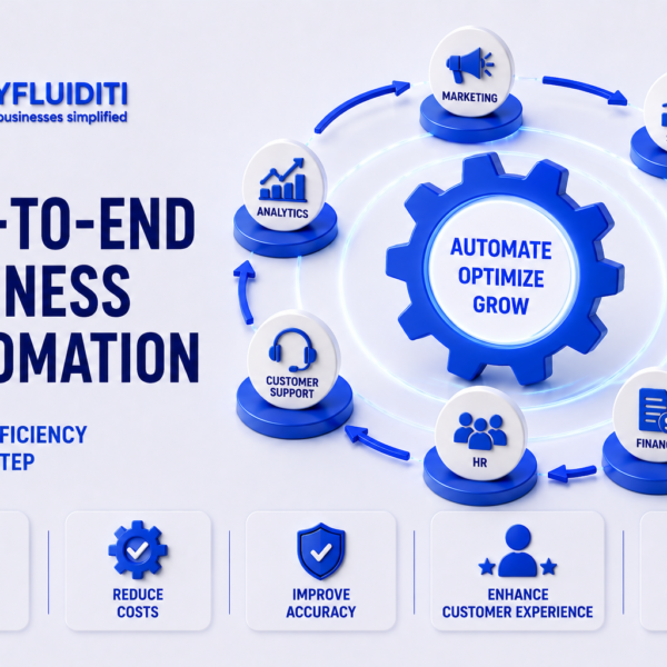 A 3D marketing graphic for MYFLUIDITI titled "END-TO-END BUSINESS AUTOMATION: DRIVING EFFICIENCY AT EVERY STEP." The image features a large blue mechanical gear labeled "AUTOMATE OPTIMIZE GROW" in the center of a circular platform, surrounded by a connected ring of seven operational department modules—including marketing, sales, operations, finance, HR, customer support, and analytics.