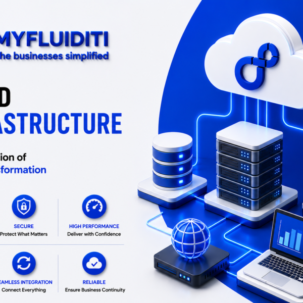 A 3D marketing graphic for MYFLUIDITI titled "CLOUD INFRASTRUCTURE: The Foundation of Digital Transformation." The image displays a central data server rack connected via glowing circuit pathways to an overhead cloud featuring the MYFLUIDITI logo, flanked by database cylinders, a security shield with a padlock, a network router with a wireframe globe, and an open laptop displaying analytics charts.