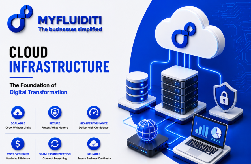 A 3D marketing graphic for MYFLUIDITI titled "CLOUD INFRASTRUCTURE: The Foundation of Digital Transformation." The image displays a central data server rack connected via glowing circuit pathways to an overhead cloud featuring the MYFLUIDITI logo, flanked by database cylinders, a security shield with a padlock, a network router with a wireframe globe, and an open laptop displaying analytics charts.