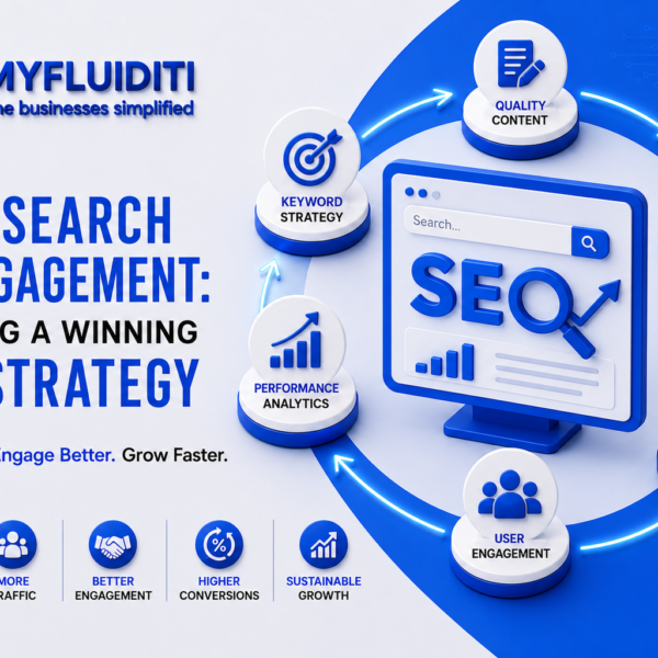 A 3D marketing graphic for MYFLUIDITI titled "FROM SEARCH TO ENGAGEMENT: BUILDING A WINNING SEO STRATEGY." The image features a desktop monitor displaying "SEO" with a magnifying glass and a search bar on a circular blue pedestal, surrounded by a circular loop of six key optimization modules—including keyword strategy, quality content, technical optimization, quality backlinks, user engagement, and performance analytics.