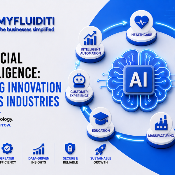 A 3D marketing graphic for MYFLUIDITI titled "ARTIFICIAL INTELLIGENCE: DRIVING INNOVATION ACROSS INDUSTRIES." The image features a prominent central blue microchip brain icon labeled "AI," surrounded by a circular pathway linking seven industry application modules—including healthcare, finance, retail, manufacturing, education, customer experience, and intelligent automation.
