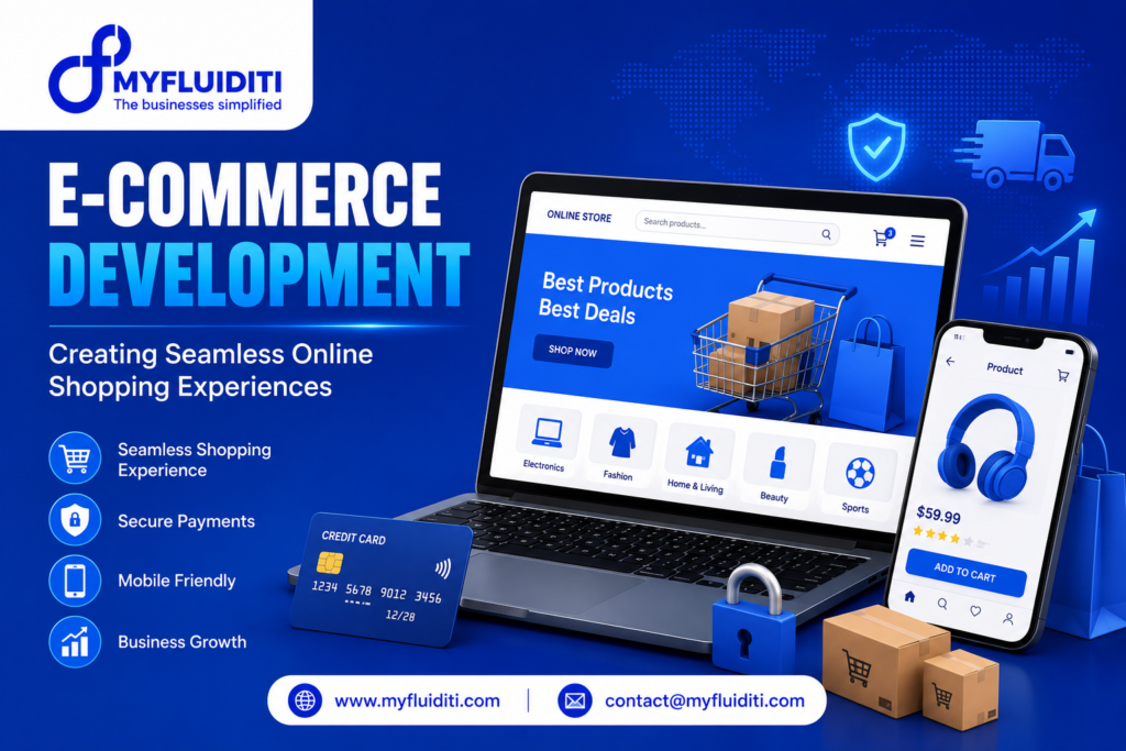 A 3D marketing graphic for MYFLUIDITI titled "E-COMMERCE DEVELOPMENT: Creating Seamless Online Shopping Experiences." The image features an open laptop displaying a digital storefront with product categories (Electronics, Fashion, Home & Living, Beauty, Sports) alongside a smartphone showing a headphone product listing for $59.99, a credit card, a blue padlock, cardboard delivery boxes, shopping bags, and digital icons for security, fast delivery, and business growth.