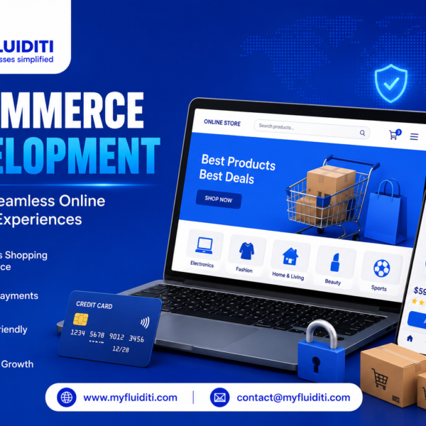 A 3D marketing graphic for MYFLUIDITI titled "E-COMMERCE DEVELOPMENT: Creating Seamless Online Shopping Experiences." The image features an open laptop displaying a digital storefront with product categories (Electronics, Fashion, Home & Living, Beauty, Sports) alongside a smartphone showing a headphone product listing for $59.99, a credit card, a blue padlock, cardboard delivery boxes, shopping bags, and digital icons for security, fast delivery, and business growth.