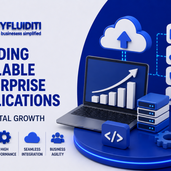 A 3D marketing graphic for MYFLUIDITI titled "BUILDING SCALABLE ENTERPRISE APPLICATIONS FOR DIGITAL GROWTH." The image displays an open laptop showcasing an upward-trending bar chart on a circular blue platform, wired to an overhead cloud node with an upload arrow, a server rack database stack, a mechanical gear, and a standalone code symbol block.