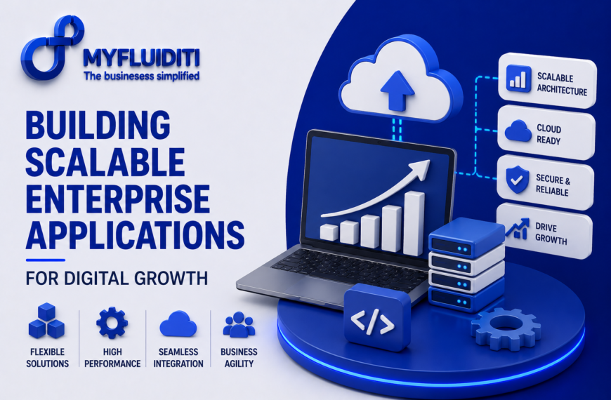 A 3D marketing graphic for MYFLUIDITI titled "BUILDING SCALABLE ENTERPRISE APPLICATIONS FOR DIGITAL GROWTH." The image displays an open laptop showcasing an upward-trending bar chart on a circular blue platform, wired to an overhead cloud node with an upload arrow, a server rack database stack, a mechanical gear, and a standalone code symbol block.