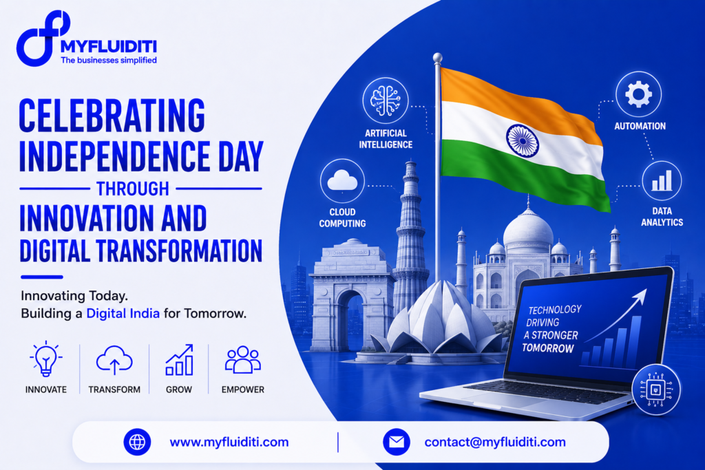 A marketing graphic for MYFLUIDITI titled "CELEBRATING INDEPENDENCE DAY THROUGH INNOVATION AND DIGITAL TRANSFORMATION." The image features the Indian national flag waving alongside 3D renderings of famous Indian landmarks—including the India Gate, Qutub Minar, Lotus Temple, and Taj Mahal—an open laptop displaying "TECHNOLOGY DRIVING A STRONGER TOMORROW," four surrounding technology nodes (Artificial Intelligence, Cloud Computing, Automation, Data Analytics), and four pillar badges on the left.