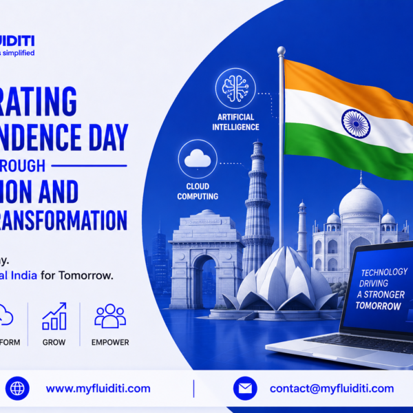 A marketing graphic for MYFLUIDITI titled "CELEBRATING INDEPENDENCE DAY THROUGH INNOVATION AND DIGITAL TRANSFORMATION." The image features the Indian national flag waving alongside 3D renderings of famous Indian landmarks—including the India Gate, Qutub Minar, Lotus Temple, and Taj Mahal—an open laptop displaying "TECHNOLOGY DRIVING A STRONGER TOMORROW," four surrounding technology nodes (Artificial Intelligence, Cloud Computing, Automation, Data Analytics), and four pillar badges on the left.