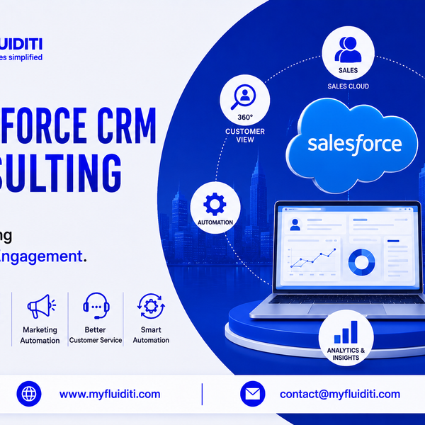 A 3D marketing graphic for MYFLUIDITI titled "SALESFORCE CRM CONSULTING: Transforming Customer Engagement." The image features an open laptop displaying a customer CRM dashboard on a blue circular pedestal beneath a large floating 3D cloud labeled "salesforce," encircled by six operational nodes (Customer View 360°, Sales Cloud, Marketing Cloud, Service Cloud, Analytics & Insights, Automation) against a city skyline, and five strategic pillar badges on the left.