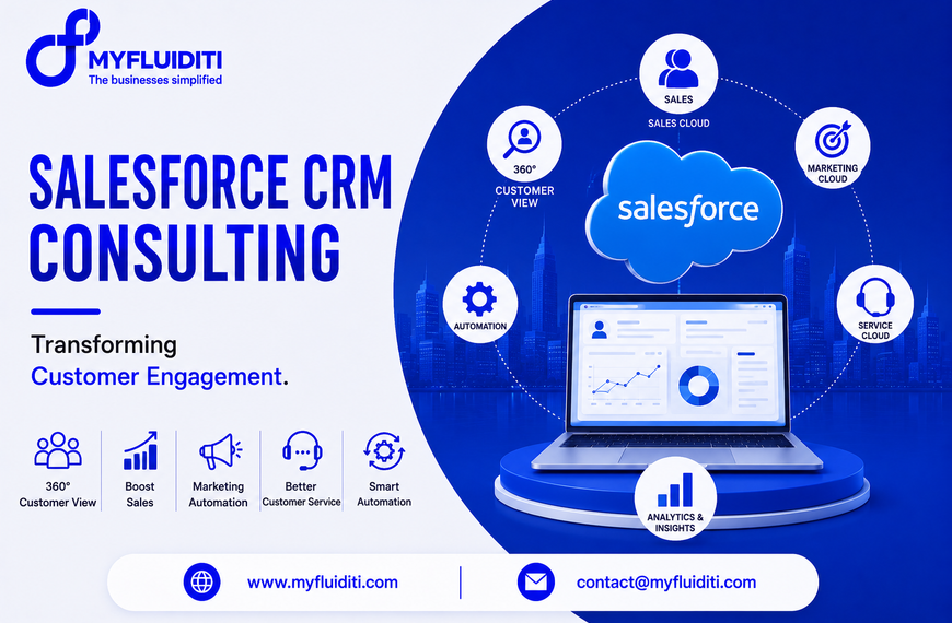 A 3D marketing graphic for MYFLUIDITI titled "SALESFORCE CRM CONSULTING: Transforming Customer Engagement." The image features an open laptop displaying a customer CRM dashboard on a blue circular pedestal beneath a large floating 3D cloud labeled "salesforce," encircled by six operational nodes (Customer View 360°, Sales Cloud, Marketing Cloud, Service Cloud, Analytics & Insights, Automation) against a city skyline, and five strategic pillar badges on the left.