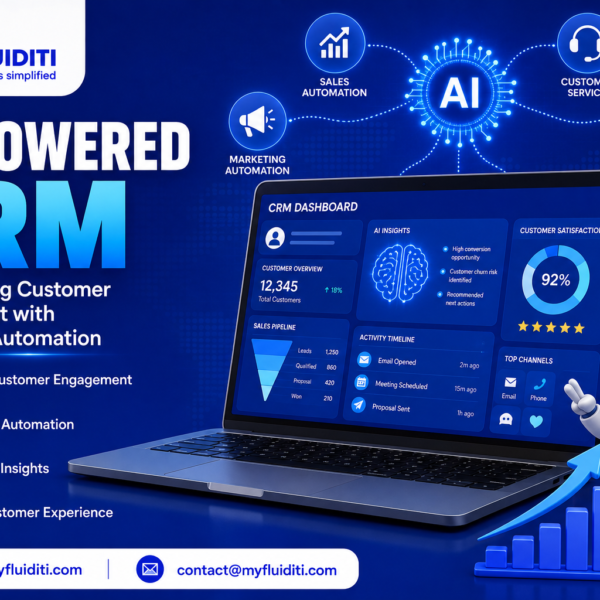 A 3D marketing graphic for MYFLUIDITI titled "AI-POWERED CRM: Transforming Customer Engagement with Intelligent Automation." The image features an open laptop displaying a "CRM DASHBOARD" with metrics including total customers (12,345), customer satisfaction (92%), a sales pipeline funnel, and AI insights, accompanied by a friendly 3D robot mascot making a peace sign next to a rising blue bar chart, a top glowing AI circuit hub, and surrounding operational service modules.