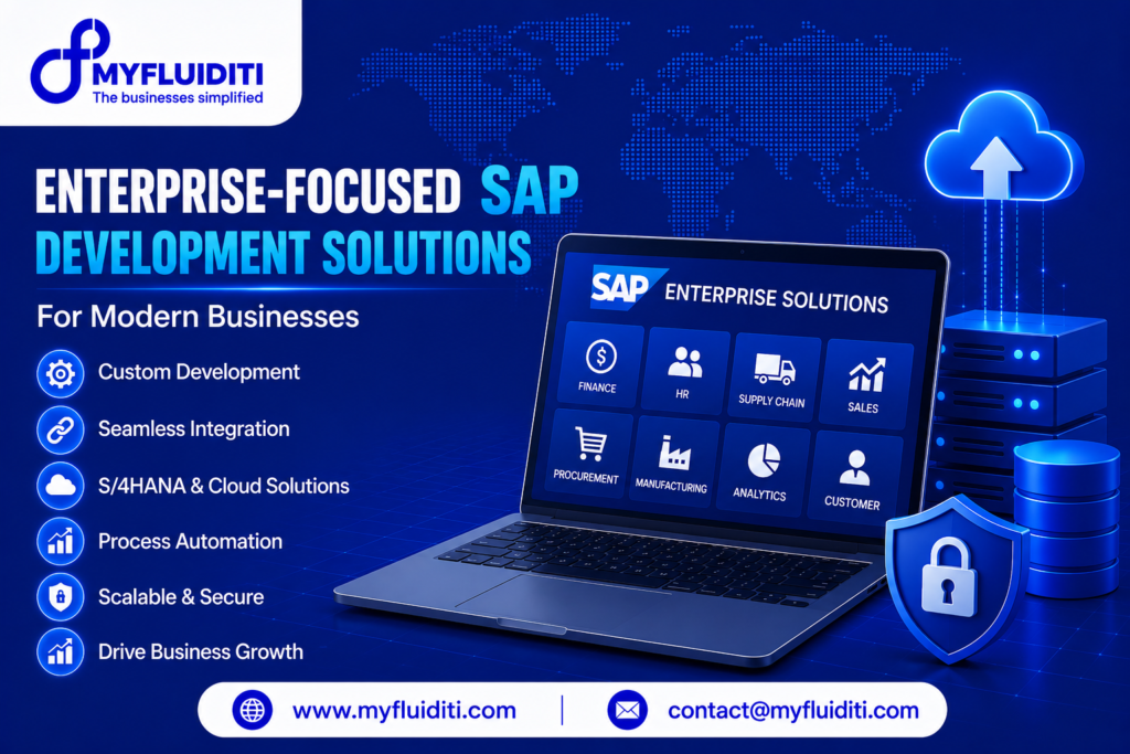 A 3D marketing graphic for MYFLUIDITI titled "ENTERPRISE-FOCUSED SAP DEVELOPMENT SOLUTIONS: For Modern Businesses." The image features an open laptop showcasing an "SAP ENTERPRISE SOLUTIONS" dashboard with eight module cards (Finance, HR, Supply Chain, Sales, Procurement, Manufacturing, Analytics, Customer), set against a blue world map grid alongside stacked blue database cylinders, stacked server hardware drives, a large blue cloud with an upload arrow, a padlocked security shield, and six key service badges on the left.