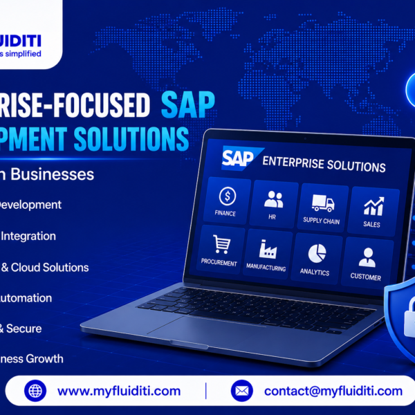 A 3D marketing graphic for MYFLUIDITI titled "ENTERPRISE-FOCUSED SAP DEVELOPMENT SOLUTIONS: For Modern Businesses." The image features an open laptop showcasing an "SAP ENTERPRISE SOLUTIONS" dashboard with eight module cards (Finance, HR, Supply Chain, Sales, Procurement, Manufacturing, Analytics, Customer), set against a blue world map grid alongside stacked blue database cylinders, stacked server hardware drives, a large blue cloud with an upload arrow, a padlocked security shield, and six key service badges on the left.