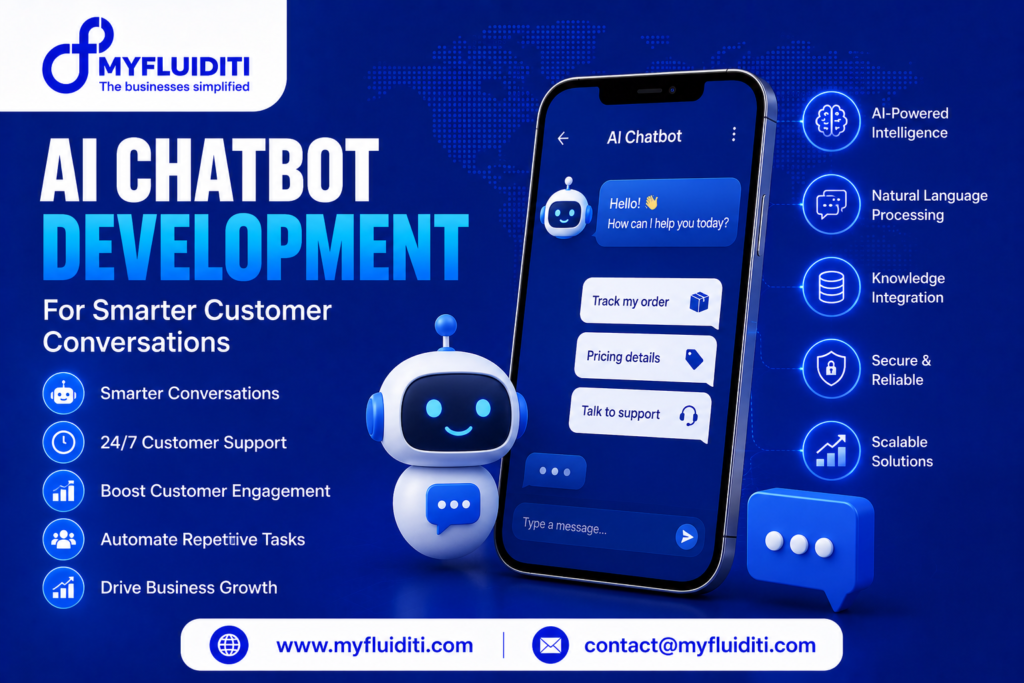 A 3D marketing graphic for MYFLUIDITI titled "AI CHATBOT DEVELOPMENT: For Smarter Customer Conversations." The image features a smartphone mockup displaying an "AI Chatbot" interface with options for order tracking, pricing details, and live support, standing beside a cute 3D robot mascot, a 3D message bubble, five surrounding capability nodes on the right, and five core benefit badges on the left.