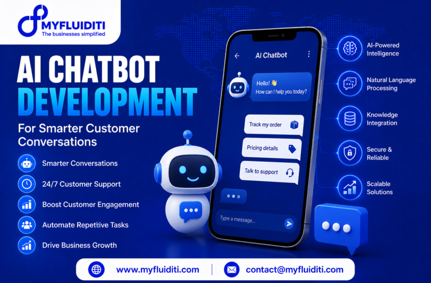 A 3D marketing graphic for MYFLUIDITI titled "AI CHATBOT DEVELOPMENT: For Smarter Customer Conversations." The image features a smartphone mockup displaying an "AI Chatbot" interface with options for order tracking, pricing details, and live support, standing beside a cute 3D robot mascot, a 3D message bubble, five surrounding capability nodes on the right, and five core benefit badges on the left.