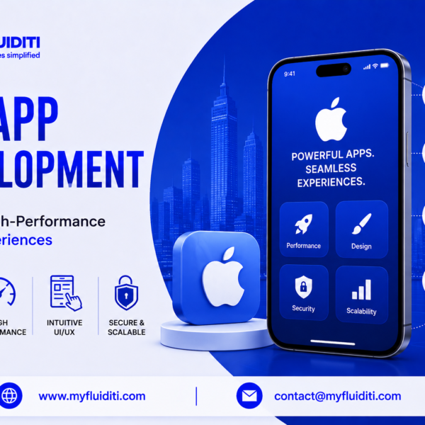 A 3D marketing graphic for MYFLUIDITI titled "IOS APP DEVELOPMENT: Building High-Performance Mobile Experiences." The image features a large smartphone mockup displaying "POWERFUL APPS. SEAMLESS EXPERIENCES." with four feature buttons (Performance, Design, Security, Scalability) next to a 3D Apple logo badge on a circular pedestal, set against a blue skyscraper city skyline with four surrounding service nodes on the right and four key benefit badges on the left.