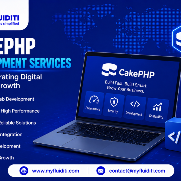 A 3D marketing graphic for MYFLUIDITI titled "CAKEPHP DEVELOPMENT SERVICES: For Accelerating Digital Business Growth." The image features an open laptop showcasing the CakePHP logo and slogan "Build Fast. Build Smart. Grow Your Business." with four feature buttons (Performance, Security, Development, Scalability), set against a blue world map grid alongside a 3D code block, a mechanical gear, stacked blue database cylinders connected upward to a glowing hexagonal CakePHP badge, and six key service badges on the left.