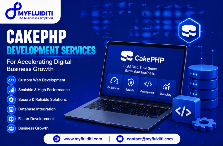 A 3D marketing graphic for MYFLUIDITI titled "CAKEPHP DEVELOPMENT SERVICES: For Accelerating Digital Business Growth." The image features an open laptop showcasing the CakePHP logo and slogan "Build Fast. Build Smart. Grow Your Business." with four feature buttons (Performance, Security, Development, Scalability), set against a blue world map grid alongside a 3D code block, a mechanical gear, stacked blue database cylinders connected upward to a glowing hexagonal CakePHP badge, and six key service badges on the left.