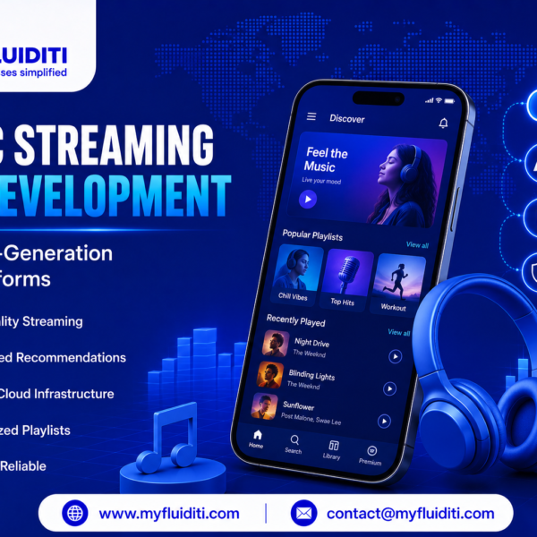 A 3D marketing graphic for MYFLUIDITI titled "MUSIC STREAMING APP DEVELOPMENT: Build Next-Generation Music Platforms." The image displays a smartphone mockup showcasing a music app interface with a "Feel the Music" hero banner, playlists ("Chill Vibes," "Top Hits," "Workout"), and recently played tracks, alongside realistic 3D blue over-ear headphones, a 3D musical note icon on a pedestal, floating audio equalizer bars, three right-hand strategy nodes, and five feature badges on the left.