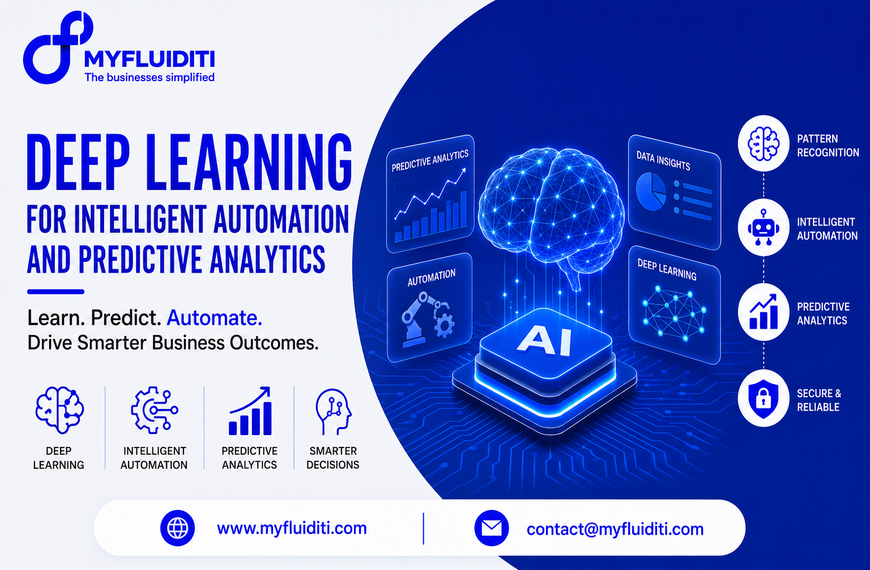 A 3D marketing graphic for MYFLUIDITI titled "DEEP LEARNING FOR INTELLIGENT AUTOMATION AND PREDICTIVE ANALYTICS: Learn. Predict. Automate. Drive Smarter Business Outcomes." The image features a glowing 3D polygonal brain hovering above a central "AI" microchip on a blue circuit board base, surrounded by floating holographic data panels (Predictive Analytics, Automation, Data Insights, Deep Learning neural network), four capability nodes on the right, and four strategic pillars on the left.