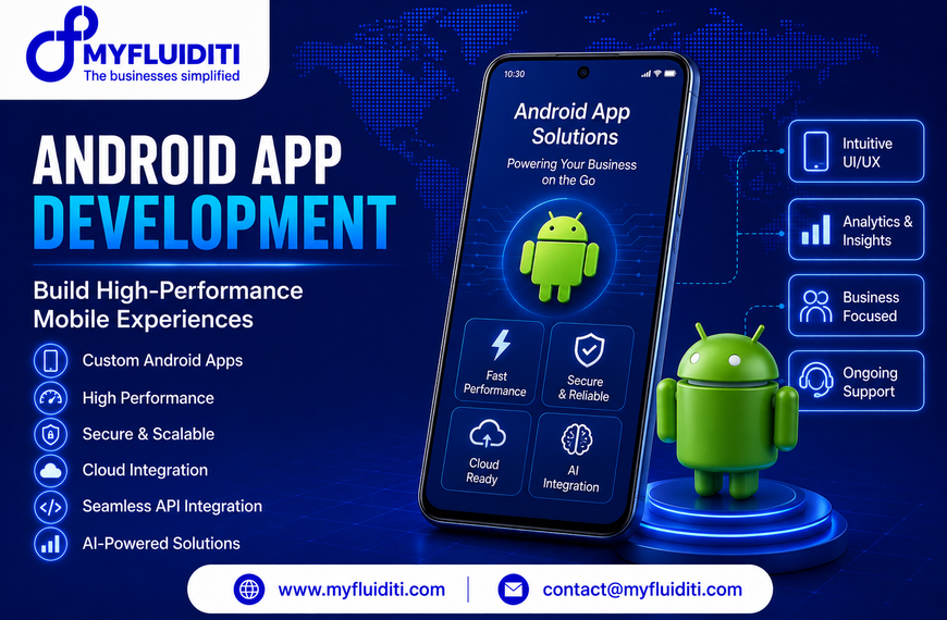A 3D marketing graphic for MYFLUIDITI titled "ANDROID APP DEVELOPMENT: Build High-Performance Mobile Experiences." The image features a large smartphone mockup displaying "Android App Solutions: Powering Your Business on the Go" with four operational cards (Fast Performance, Secure & Reliable, Cloud Ready, AI Integration) next to a 3D green Android robot mascot on a circular pedestal, set against a blue world map grid with four capability nodes on the right and six key service badges on the left.