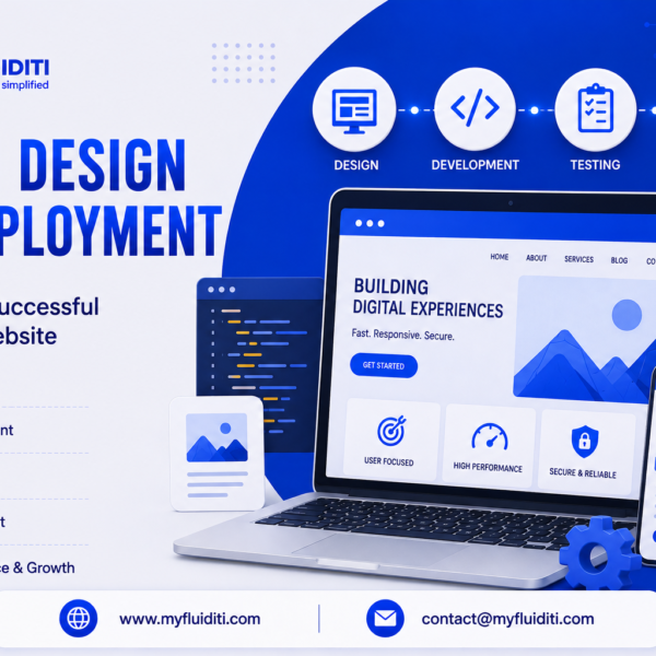 A 3D marketing graphic for MYFLUIDITI titled "FROM DESIGN TO DEPLOYMENT: Building a Successful Business Website." The image features an open laptop showcasing a web design template ("BUILDING DIGITAL EXPERIENCES Fast. Responsive. Secure.") next to a smartphone showing the responsive mobile version, a code editor window, a mechanical gear, a potted plant, and four connected lifecycle stage modules—Design, Development, Testing, and Deployment—above five process badges on the left.
