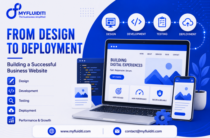 A 3D marketing graphic for MYFLUIDITI titled "FROM DESIGN TO DEPLOYMENT: Building a Successful Business Website." The image features an open laptop showcasing a web design template ("BUILDING DIGITAL EXPERIENCES Fast. Responsive. Secure.") next to a smartphone showing the responsive mobile version, a code editor window, a mechanical gear, a potted plant, and four connected lifecycle stage modules—Design, Development, Testing, and Deployment—above five process badges on the left.