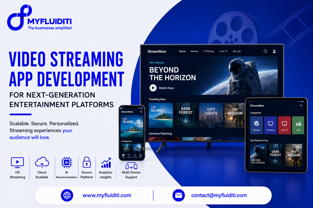 A promotional technology banner for MyFluiditi highlighting OTT video streaming app development, featuring the multi-device interface of a streaming application named "StreamNow" displayed on a smart TV, a smartphone, and a tablet, accompanied by the headline "Video Streaming App Development For Next-Generation Entertainment Platforms: Scalable. Secure. Personalized. Streaming experiences your audience will love.", service capability icons for "HD Streaming", "Cloud Scalable", "AI Recommendations", "Secure Platform", "Analytics Insights", and "Multi-Device Support", with contact details for MyFluiditi at the bottom.