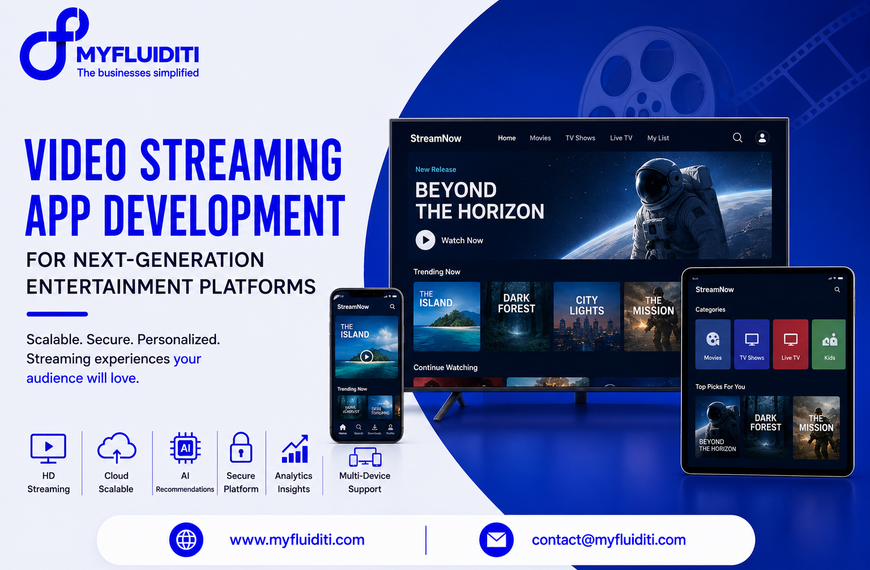 A promotional technology banner for MyFluiditi highlighting OTT video streaming app development, featuring the multi-device interface of a streaming application named "StreamNow" displayed on a smart TV, a smartphone, and a tablet, accompanied by the headline "Video Streaming App Development For Next-Generation Entertainment Platforms: Scalable. Secure. Personalized. Streaming experiences your audience will love.", service capability icons for "HD Streaming", "Cloud Scalable", "AI Recommendations", "Secure Platform", "Analytics Insights", and "Multi-Device Support", with contact details for MyFluiditi at the bottom.