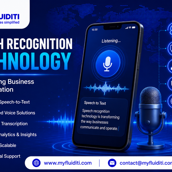 A 3D marketing graphic for MYFLUIDITI titled "SPEECH RECOGNITION TECHNOLOGY: Transforming Business Communication." The image features a smartphone mockup displaying a voice interface reading "Listening..." with a glowing microphone icon, soundwave waveform, and a "Speech to Text" card, standing next to a realistic 3D blue studio microphone, glowing soundwaves, five capability nodes on the right, and six core benefit badges on the left.