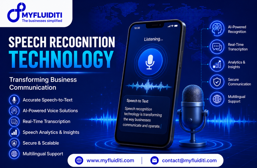A 3D marketing graphic for MYFLUIDITI titled "SPEECH RECOGNITION TECHNOLOGY: Transforming Business Communication." The image features a smartphone mockup displaying a voice interface reading "Listening..." with a glowing microphone icon, soundwave waveform, and a "Speech to Text" card, standing next to a realistic 3D blue studio microphone, glowing soundwaves, five capability nodes on the right, and six core benefit badges on the left.