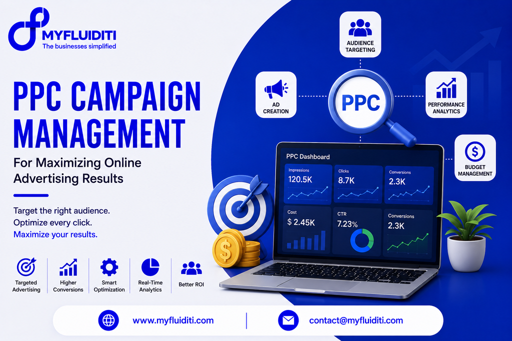 A 3D marketing graphic for MYFLUIDITI titled "PPC CAMPAIGN MANAGEMENT: For Maximizing Online Advertising Results." The image features an open laptop displaying a "PPC Dashboard" with performance metrics (120.5K Impressions, 8.7K Clicks, 2.3K Conversions, $2.45K Cost, 7.23% CTR), flanked by a blue bullseye target with an arrow, stacked gold dollar coins, a potted desk plant, a large magnifying glass labeled "PPC" connected to four operational strategy nodes (Ad Creation, Audience Targeting, Performance Analytics, Budget Management), and five key campaign badges on the left.