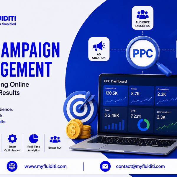 A 3D marketing graphic for MYFLUIDITI titled "PPC CAMPAIGN MANAGEMENT: For Maximizing Online Advertising Results." The image features an open laptop displaying a "PPC Dashboard" with performance metrics (120.5K Impressions, 8.7K Clicks, 2.3K Conversions, $2.45K Cost, 7.23% CTR), flanked by a blue bullseye target with an arrow, stacked gold dollar coins, a potted desk plant, a large magnifying glass labeled "PPC" connected to four operational strategy nodes (Ad Creation, Audience Targeting, Performance Analytics, Budget Management), and five key campaign badges on the left.