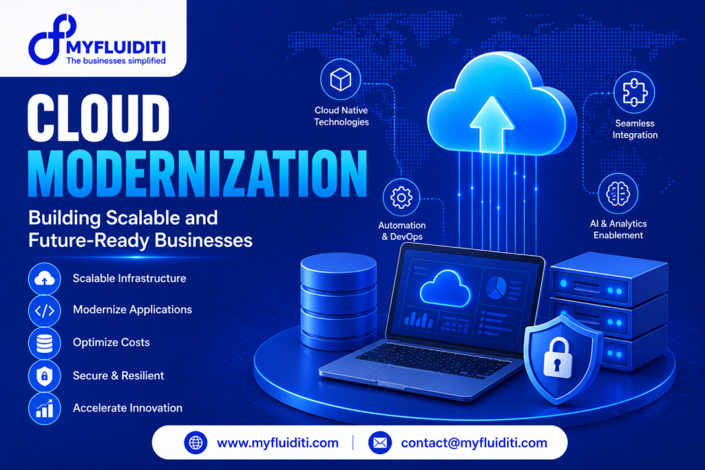 A 3D marketing graphic for MYFLUIDITI titled "CLOUD MODERNIZATION: Building Scalable and Future-Ready Businesses." The image displays an open laptop featuring a cloud dashboard interface on a blue circular pedestal, connected upward via glowing circuit streams to a large blue cloud with an upload arrow, flanked by database cylinders, stacked server units, a padlocked security shield, surrounding technical strategy nodes, and five key benefit badges on the left.