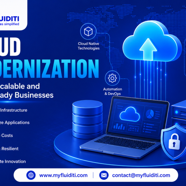 A 3D marketing graphic for MYFLUIDITI titled "CLOUD MODERNIZATION: Building Scalable and Future-Ready Businesses." The image displays an open laptop featuring a cloud dashboard interface on a blue circular pedestal, connected upward via glowing circuit streams to a large blue cloud with an upload arrow, flanked by database cylinders, stacked server units, a padlocked security shield, surrounding technical strategy nodes, and five key benefit badges on the left.