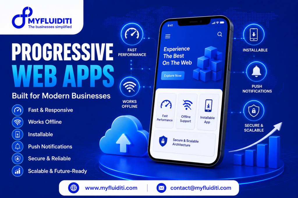 A 3D marketing graphic for MYFLUIDITI titled "PROGRESSIVE WEB APPS: Built for Modern Businesses." The image displays a smartphone mockup showcasing a "Progressive Web App" mobile UI on a blue circular pedestal next to a 3D cloud with an upload arrow, a rising bar chart, six surrounding technical feature nodes, and six core benefit badges on the left.