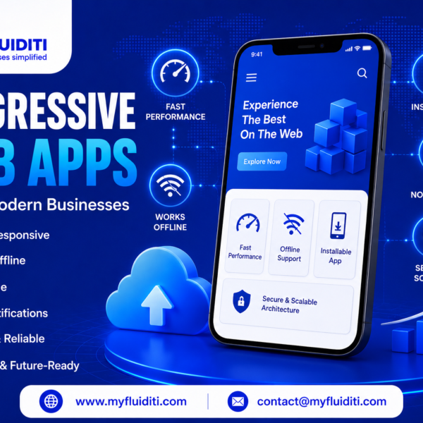 A 3D marketing graphic for MYFLUIDITI titled "PROGRESSIVE WEB APPS: Built for Modern Businesses." The image displays a smartphone mockup showcasing a "Progressive Web App" mobile UI on a blue circular pedestal next to a 3D cloud with an upload arrow, a rising bar chart, six surrounding technical feature nodes, and six core benefit badges on the left.