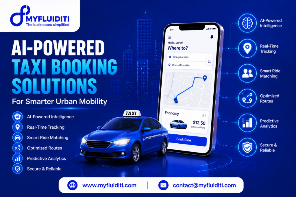 A 3D marketing graphic for MYFLUIDITI titled "AI-POWERED TAXI BOOKING SOLUTIONS: For Smarter Urban Mobility." The image features a 3D blue taxi cab parked next to a large smartphone showing a ride-hailing app UI with route navigation, location selection, and an estimated fare of $12.50 above a "Book Ride" button, set against a futuristic blue city skyline background, six surrounding smart mobility feature nodes, and six core benefit badges on the left.