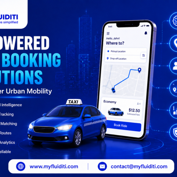 A 3D marketing graphic for MYFLUIDITI titled "AI-POWERED TAXI BOOKING SOLUTIONS: For Smarter Urban Mobility." The image features a 3D blue taxi cab parked next to a large smartphone showing a ride-hailing app UI with route navigation, location selection, and an estimated fare of $12.50 above a "Book Ride" button, set against a futuristic blue city skyline background, six surrounding smart mobility feature nodes, and six core benefit badges on the left.