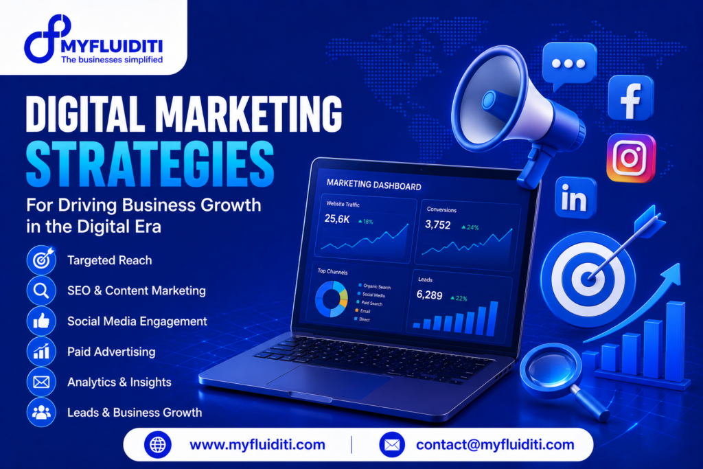 A 3D marketing graphic for MYFLUIDITI titled "DIGITAL MARKETING STRATEGIES: For Driving Business Growth in the Digital Era." The image features an open laptop displaying a "MARKETING DASHBOARD" with performance metrics (25.6K Website Traffic, 3,752 Conversions, 6,289 Leads), accompanied by a large 3D megaphone, social media platform logos (Facebook, Instagram, LinkedIn), a chat bubble, a bullseye target with an arrow, a magnifying glass, a rising bar chart, and six strategy badges on the left.