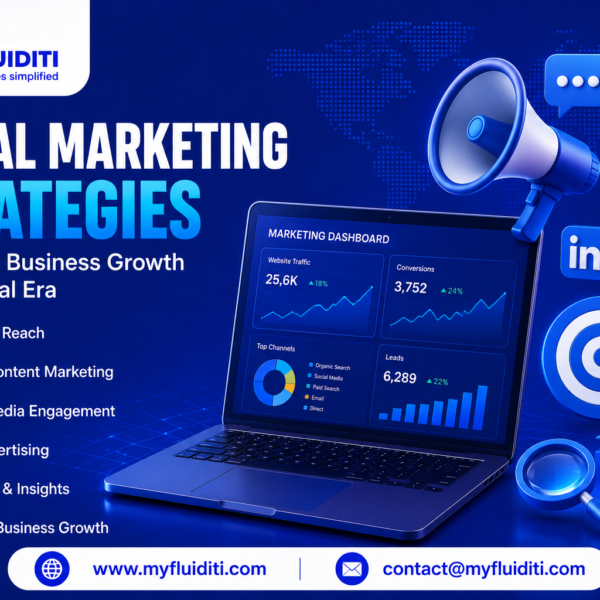 A 3D marketing graphic for MYFLUIDITI titled "DIGITAL MARKETING STRATEGIES: For Driving Business Growth in the Digital Era." The image features an open laptop displaying a "MARKETING DASHBOARD" with performance metrics (25.6K Website Traffic, 3,752 Conversions, 6,289 Leads), accompanied by a large 3D megaphone, social media platform logos (Facebook, Instagram, LinkedIn), a chat bubble, a bullseye target with an arrow, a magnifying glass, a rising bar chart, and six strategy badges on the left.