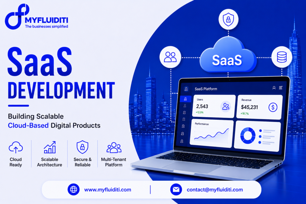 A 3D marketing graphic for MYFLUIDITI titled "SaaS DEVELOPMENT: Building Scalable Cloud-Based Digital Products." The image features an open laptop displaying a "SaaS Platform" dashboard with key metrics (2,543 Users, $45,231 Revenue, performance line graph, donut chart), set against a blue city skyline background with a floating 3D cloud labeled "SaaS," three surrounding architecture nodes (Multi-tenant users, Padlocked security shield, Database storage), and four core value badges on the left.