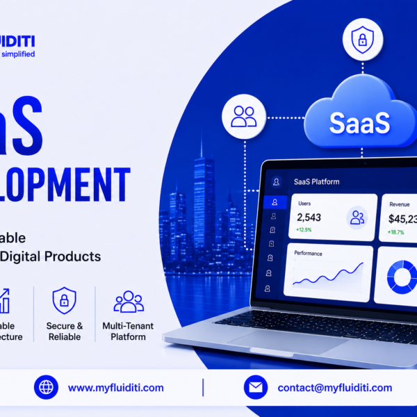 A 3D marketing graphic for MYFLUIDITI titled "SaaS DEVELOPMENT: Building Scalable Cloud-Based Digital Products." The image features an open laptop displaying a "SaaS Platform" dashboard with key metrics (2,543 Users, $45,231 Revenue, performance line graph, donut chart), set against a blue city skyline background with a floating 3D cloud labeled "SaaS," three surrounding architecture nodes (Multi-tenant users, Padlocked security shield, Database storage), and four core value badges on the left.