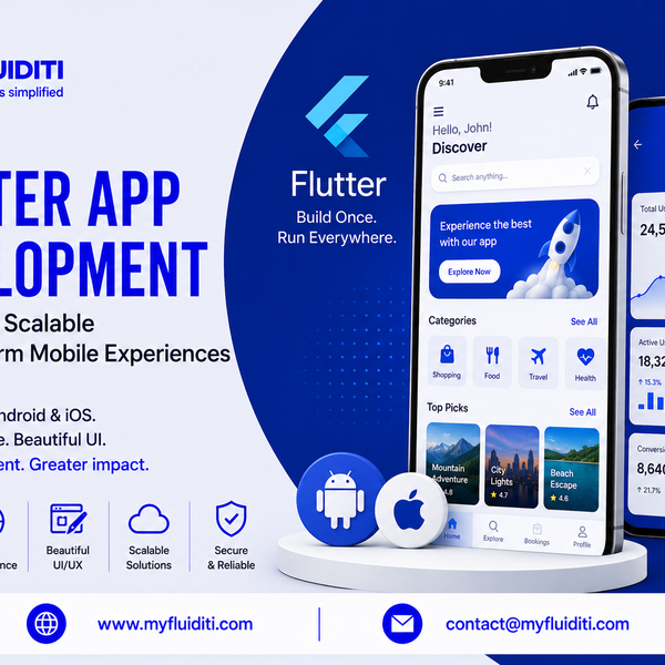 A 3D marketing graphic for MYFLUIDITI titled "FLUTTER APP DEVELOPMENT: For Building Scalable Cross-Platform Mobile Experiences." The graphic features two smartphones on a white circular pedestal—one displaying a customer lifestyle app UI ("Discover", category icons, and "Top Picks") and the other showing an analytics "Dashboard" (Total Users: 24,560, Active Users: 18,320, Conversions: 8,640)—alongside circular 3D Android and Apple OS badge tokens, the Flutter logo with the tagline "Build Once. Run Everywhere.", and five core capability badges on the left.